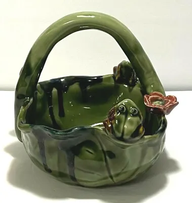 Majolica  Art Pottery Lily Pad Basket With Frogs & Flowers ~ Planter Candy Dish  • $24.95