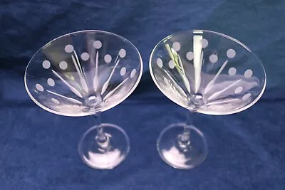 Polka Dot & Vertical Cut Pair Of Martini Glasses Clear Grey Cut 6 3/4   • $17