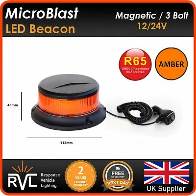 £29.98 • Buy R65 MICRO MAGNETIC AMBER LED BEACON Flashing Warning Strobe Light Bar 12/24v