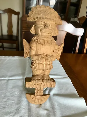 Vintage Mexican Mayan Style Warrior Hand Carved Wooden Figurine - 14  • $25