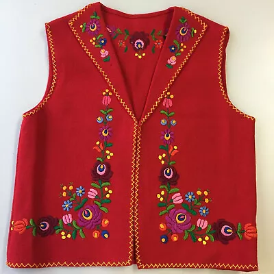 Vtg Hungarian Vest Woman's Matyo Embroidered Flowers Wool Handmade Hungary Red M • $85.81