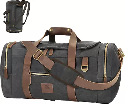 Vintage Canvas Duffle Bag 50L Genuine Leather Travel Duffel Backpack Multifunct • $33.98