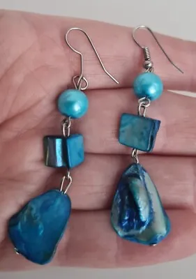 Earrings Abalone Blue Paua Shell Glass Bead Drop Dangle Geometric Ethnic • £12.99
