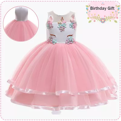 Girls Unicorn Dress Up Flower Kids Party Birthday Bridesmaid Dresses Princess • £10.82