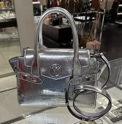 Michael Kors Carmen Medium Flap Satchel Shoulder Crossbody Messenger Bag Silver • $113