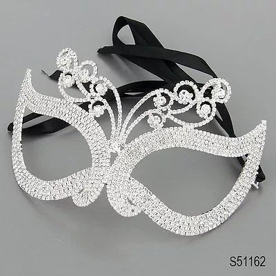 Elegant Silver Masquerade Halloween Party Mask Clear Rhinestones Ribbon Venetian • $28.99