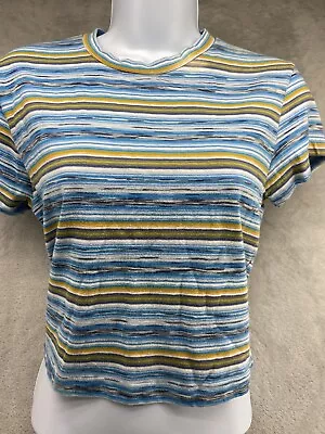 Vintage 90s Weavers Girl Women’s Large Cropped Short Sleeve T-Shirt Blue Stripe • $19.99