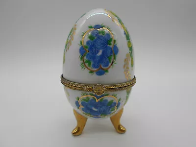Gorgeous Egg Shape Jewelry Box Blue Porcelain Flower Decor • £35.96