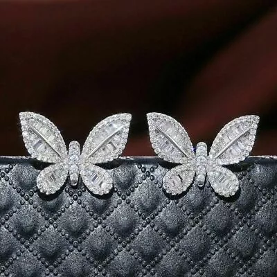 2Ct Baguette Cut Diamond Push Back Butterfly Stud Earrings 14K White Gold Finish • $104.99