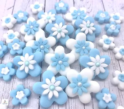 32 Edible Blue & White Fondant  Flowers Cake Toppers Birthday Baby Shower Boy • £5.99