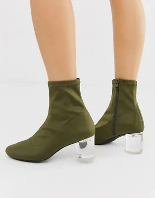 New London Rebel Khaki Neoprene Block Heel Sock Ankle Boots Casual Look Uk 5 • £25