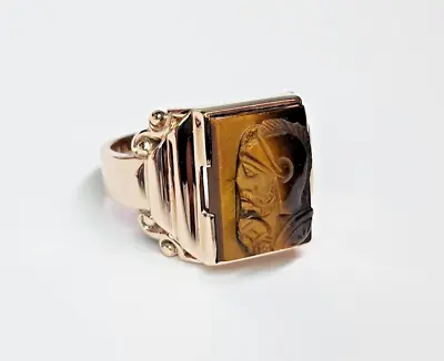 COOL Early 1950s 10k Carved Roman Soldier Tigers Eye Cameo Gents Ring Sz 11 • $329