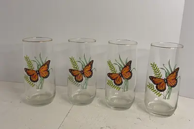 Vintage Monarch Butterfly Drinking Glasses With Gold Rim Set Of 4 • $48