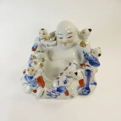 Laughing Buddha With Five Playing Children Prosperity Pottery Figurine Lot C • £25.49