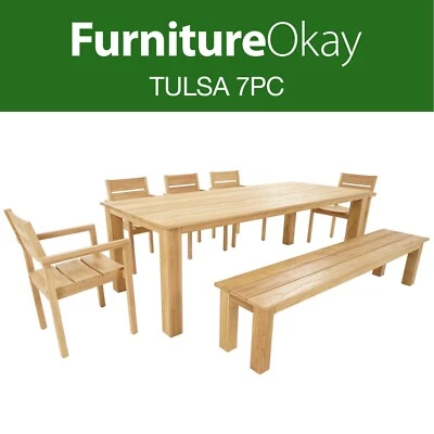 $2749 • Buy FurnitureOkay® Tulsa 7pc Teak Outdoor Dining Setting Bench Furniture Set