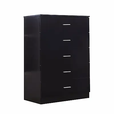 High Gloss REFLECT 5 Drawer Chest - Quality Bedroom Furniture Black / Black Oak • £89.99