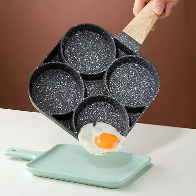 4 Hole Egg Pan Burger Ham Pancake Maker Wooden Handle Frying Grill Non-stick • £8.49