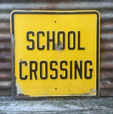 1900s School Crossing Sign Embossed Heavy Metal Black & Yellow 24×24 Inch Old • $249