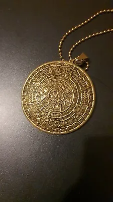 $79.99 • Buy New Big Gold Metal Brass Style Aztec Mayan Mexican Calendar Pendant 22 In Chain.