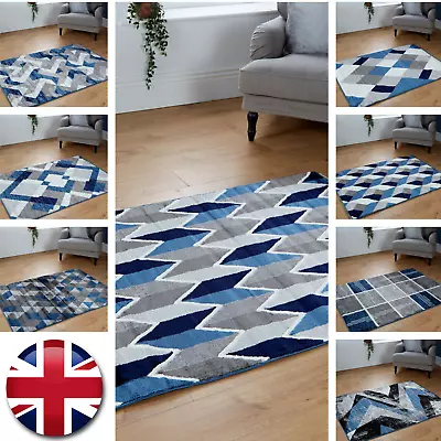 Blue Grey Extra Large Geometric Area Rugs Modern Living Room Hallway Carpet Mats • £32.79