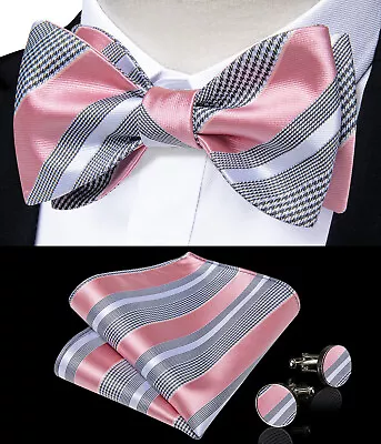 Mens Silk Self Bow Tie Pink Striped Bowtie Hanky Cufflink Set Wedding Christmas • $10.96