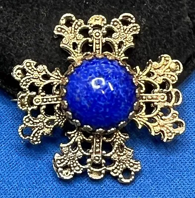 Vintage Gold Tone Filigree Faux Blue Lapis Maltese Cross Brooch Pin • $12.95