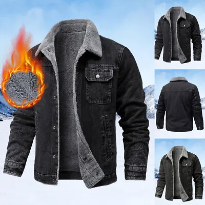 Mens Winter Warm Fleece Lined Denim Jacket Jean Coat Trucker Sherpa Fur Collar • £24.19