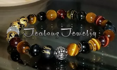 Sterling Silver Dragon Mens Mixed Tiger Eye Yoga Gemstone Stretch Bracelet • $23