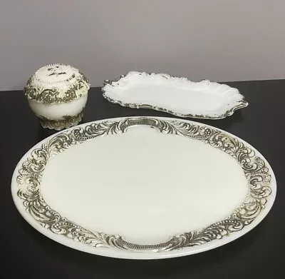 Antique Victorian Vanity Set Milk Glass Gold Gilt Covered Powder Jar Trays READ • $29.99