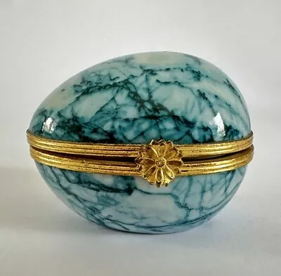 Vintage Limoges Porcelain Egg Shaped Trinket Box Marbled Blue Brass Hinged JV • £14