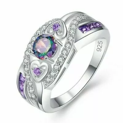 925 Sterling Silver Fire Rainbow Mystic Topaz Wedding Engagement Ring Size 10 • $15.74