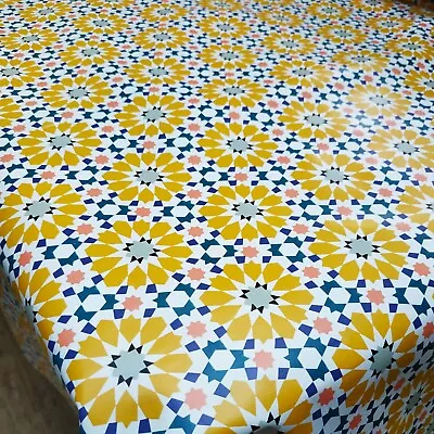 Yellow Ochre Flower Geometric Pattern PVC Vinyl Wipe Clean Oilcloth Tablecloth • £7.99