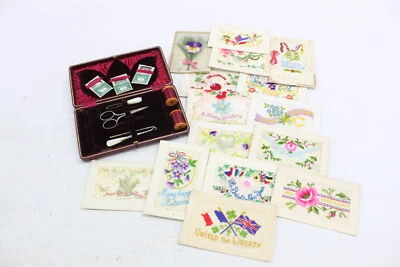 £19.87 • Buy 16 X Antique / Vintage HABERDASHERY Inc Sewing Set, Silk Handmade Post Cards Etc