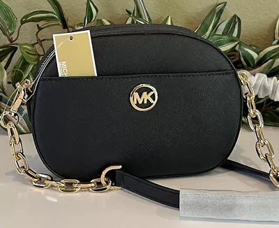 Michael Kors Jet Set Glam Small Pocket Crossbody Bag Shoulder Black Leather Gold • $79.99