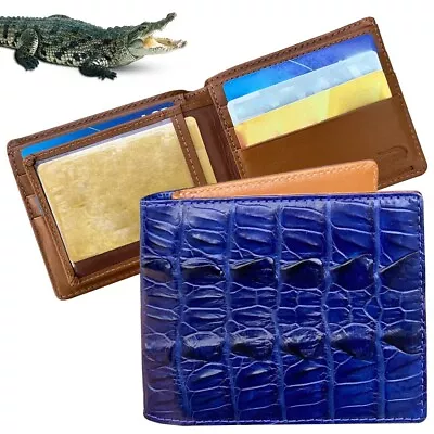 Mens Blue Wallet Handmade Crocodile Wallet 10 Card Slots RFID Leather Money Case • $69