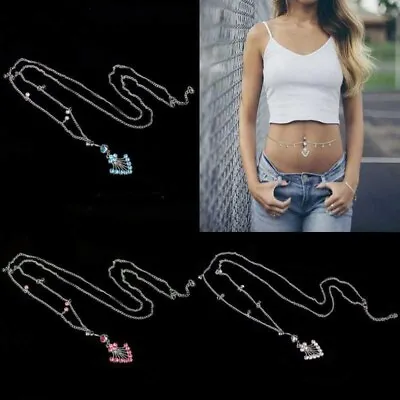 Women Rhinestone Dangle Navel Piercing Belly Button Ring With Waist Chain • $9.99
