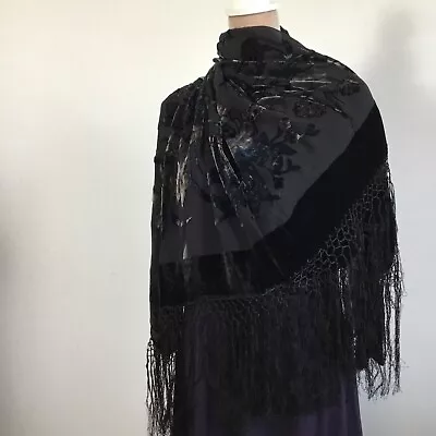 Art To Wear Blk Blue Cream Silk Visc Velvet 42x42”Scarf Kimono Shawl Wrap Duster • $38.38