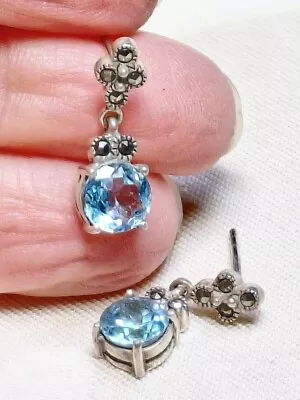 Beautiful Vintage Blue Topaz And Marcasite Earrings Set In Silver. Stamped 925 • £28