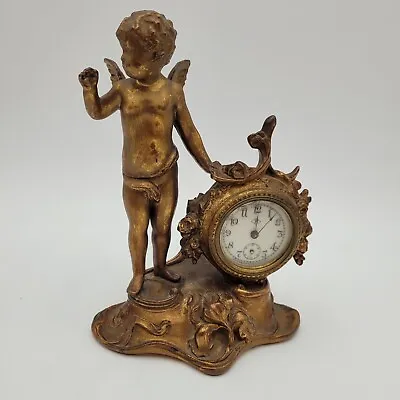 Antique Benedict Waterbury Cherub Brass Or Bronze Metal 8.25  Desk Clock READ • $304.32