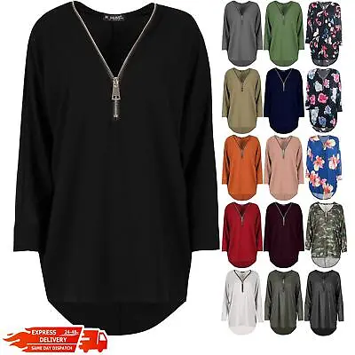 Womens Ladies Lagenlook Jumper Zip Up Baggy Oversize High Low Batwing Sleeve Top • £3.29