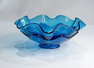 Vintage VIKING Glass Ruffle Bowl Double Crimped EPIC Blue Bluenique Footed • $14