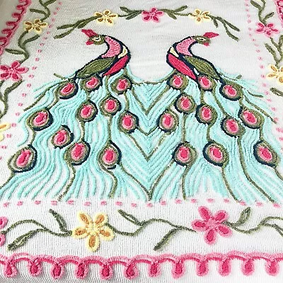 Vintage Chenille PEACOCK Flowers Bedspread 90x100” White Coverlet Pink Aqua • $175