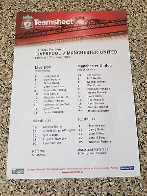 TEAMSHEET PREMIER LEAGUE LIVERPOOL V MAN UTD 15th Jan 2005 • £1.29