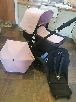 Bugaboo Cameleon 3 Pram Black & Soft Pink Fabric Set - Bassinet & Seat + Parasol • £200