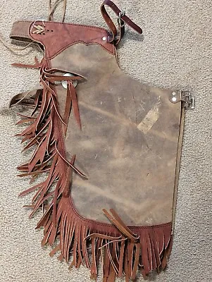 B Bar B Western Chinks Chaps Kids Youth Fringe Cowhide Leather Brown 30-35 Rodeo • $75