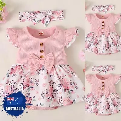 Newborn Baby Girls Floral Ruffle Romper Dress Headband Outfit Set Summer Clothes • $28.99