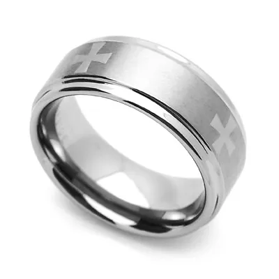 Men 9MM Comfort Fit Tungsten Carbide Wedding Band Maltes Cross Engraved Ring • $41.99