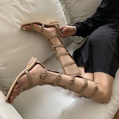 Women Gladiator Buckle Strap Roman Sandals Knee High Boots Open Toe Casual Shoes • $61.94