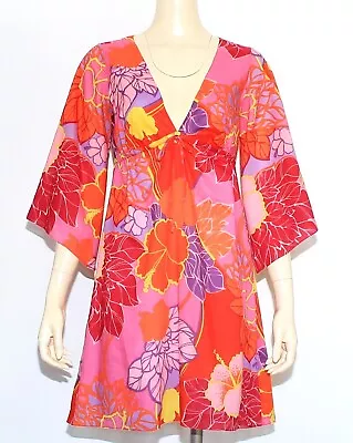 Alice & Trixie Cotton V Neck Floral 3/4 Sleeve A Line Dress Pink Orange Size S • $26.38