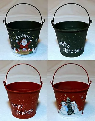 Two CHRISTMAS MINI BUCKETS Metal Pail Candle Snack Planter Painted Santa Snowman • $2.99